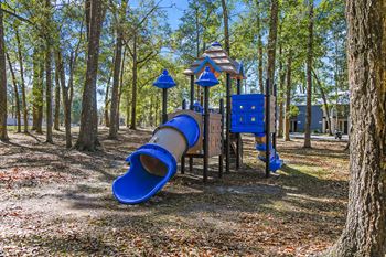 A playground with a blue slide and a blue and white structure.