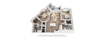 A 3D floor plan of a house with a living room, kitchen, and two bedrooms.