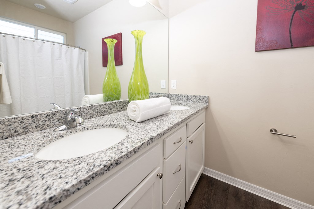 master en suite with granite counters