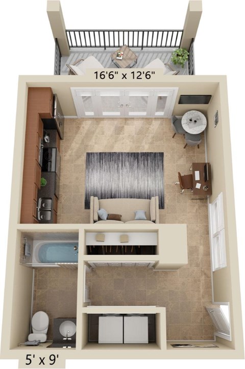 A 16'6" x 12'6" floor plan of an apartment with a 5'x9' room.