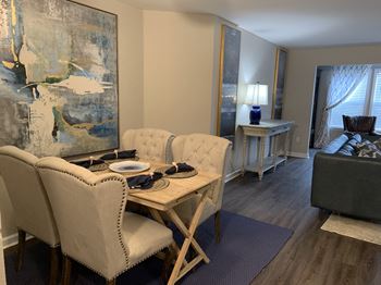 Dining, living area with wood floors
