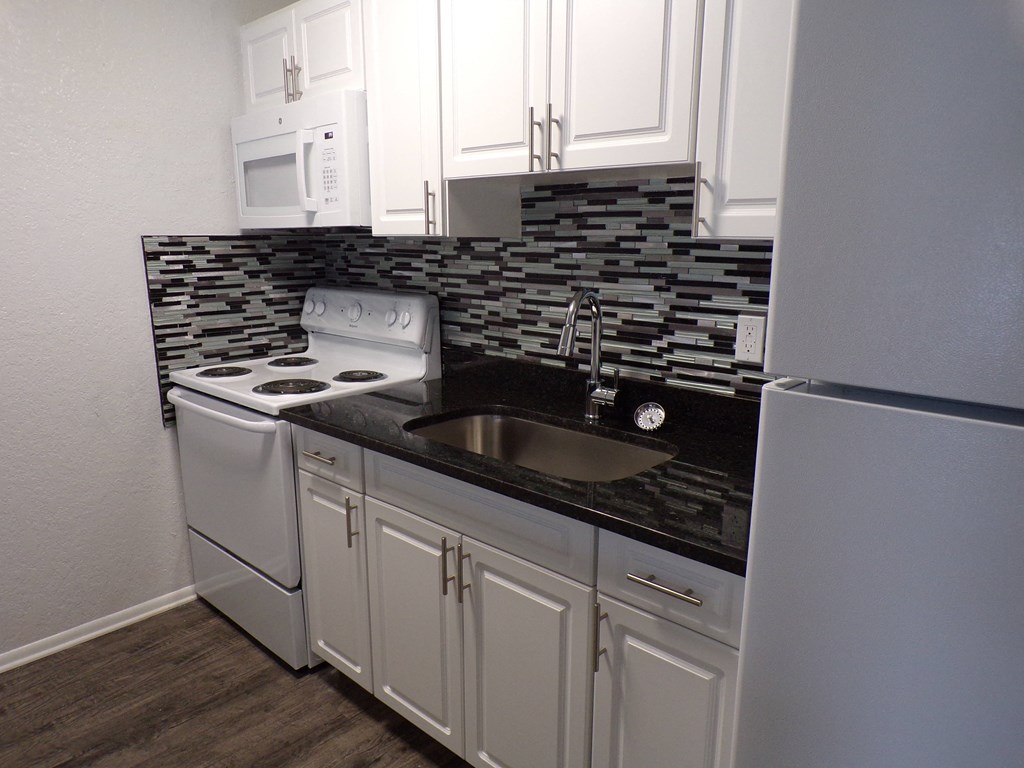 the kitchen of our studio apartment at university gardens in saint louis