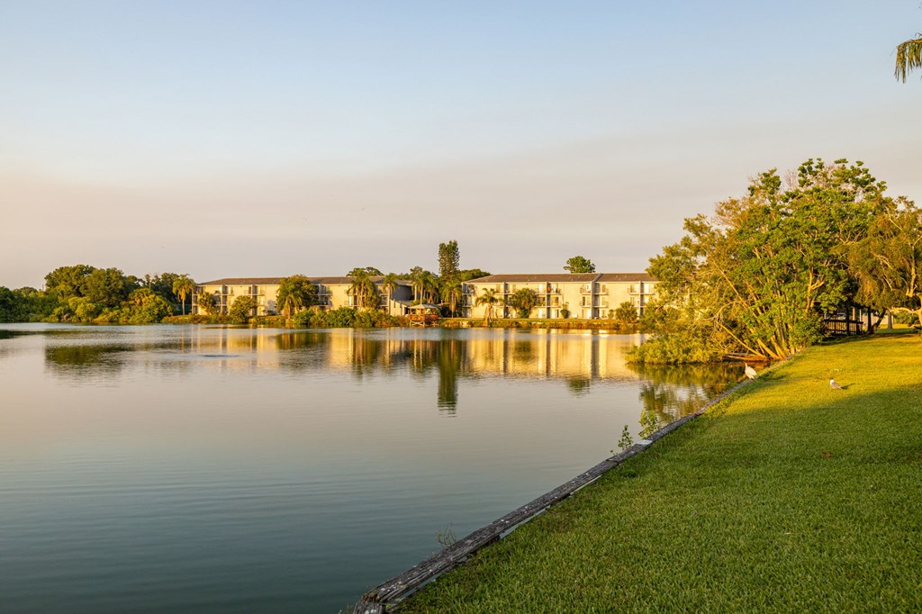 A serene lake with a building in the background and a tree on the right.