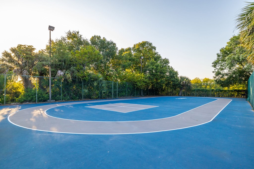 A basketball court with a blue surface and white lines is surrounded by trees.
