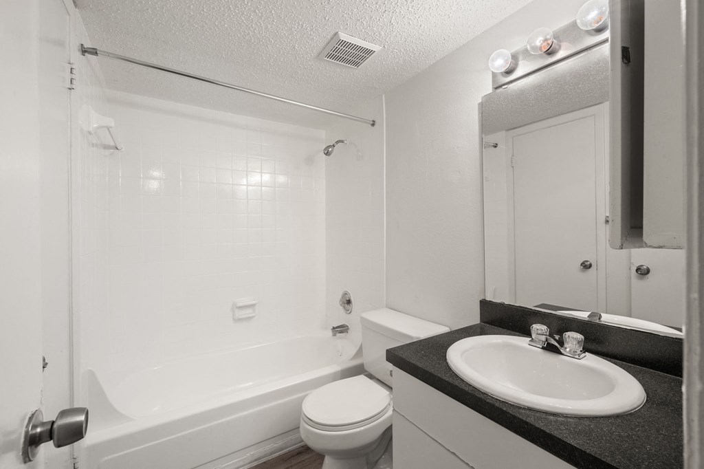 White bathroom with black countertop