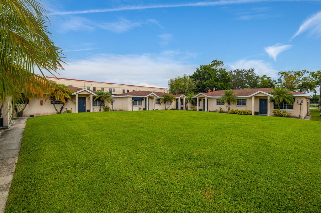 a large green lawn in front of a row of houses