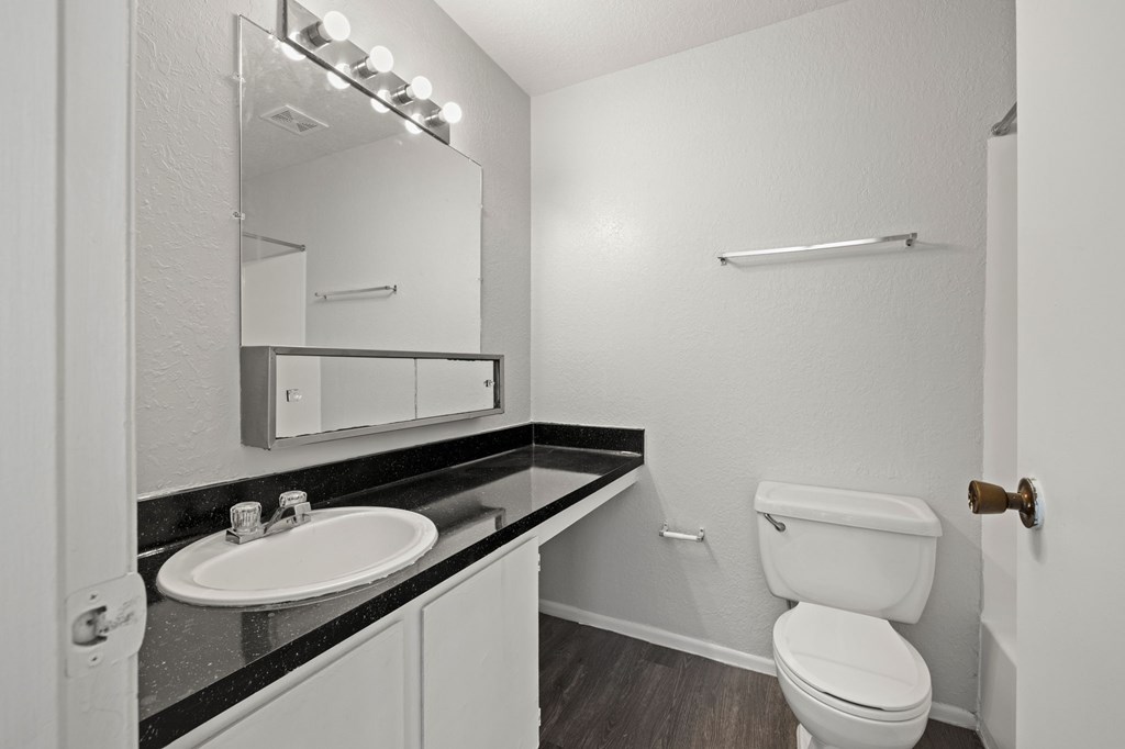A bathroom with a toilet, sink, mirror, and lighting fixture.
