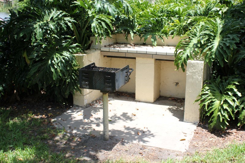 a grill in a garden with a table and plants