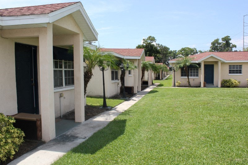 a row of houses with a lawn and palm trees