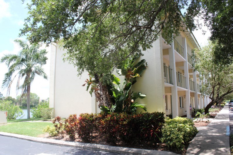 a building with trees and plants in front of it