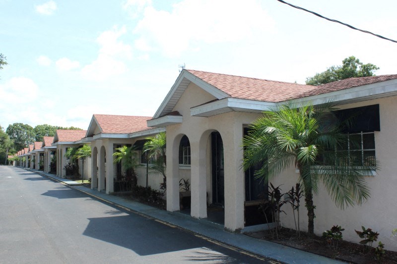 a row of houses with palm trees in front of a street