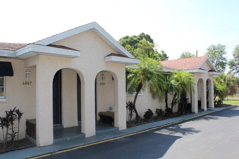 a white building with a palm tree in front of it