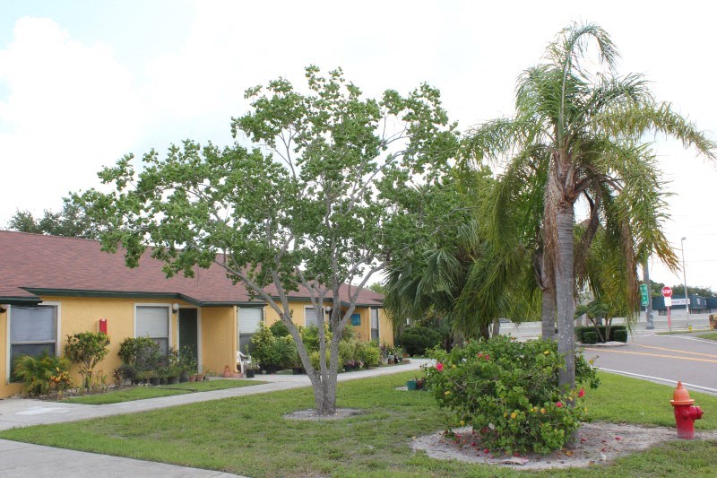 a yellow house with palm trees in front of it