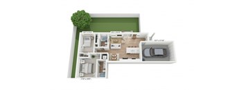 A floor plan of a house with a green tree and a car parked in the garage.