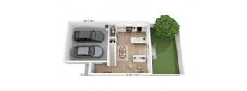 A dollhouse with a green tree outside and a car in the driveway.