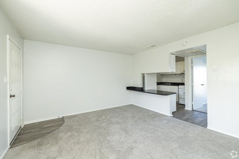 A spacious living room with a carpeted floor and white walls.