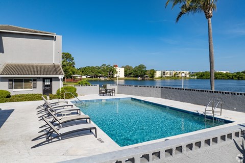 A pool with lounge chairs and a palm tree in front of a building.
