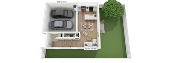A top-down view of a house with a living room, kitchen, and two bedrooms.