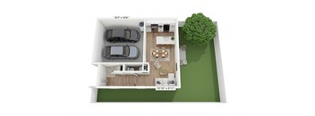 A 3D floor plan of a house with a garage and a tree.