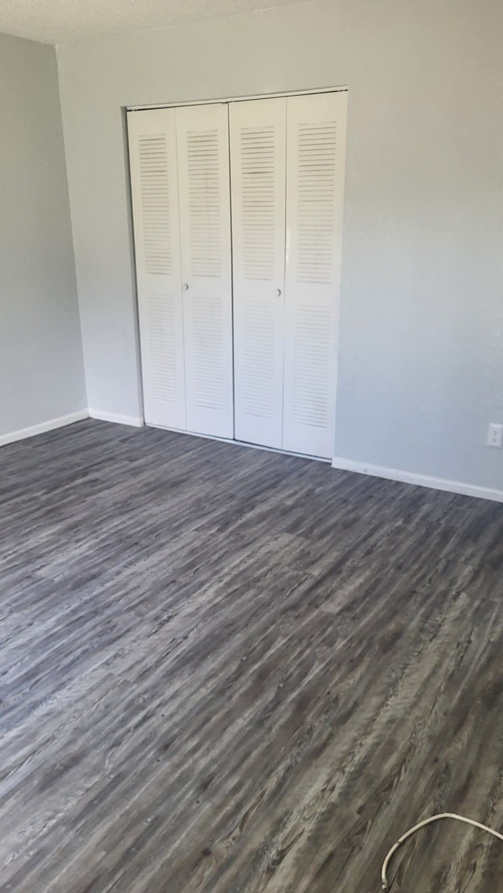 A room with a grey floor and a white closet.