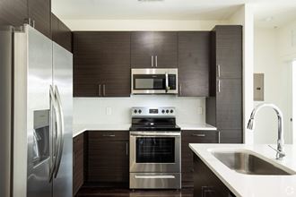 Modern Kitchen with stainless steel appliances, dark cabinets, deep large basin sink. Live at The Morrison SoHo in Tampa, FL near Hyde Park, Downtown Tampa.