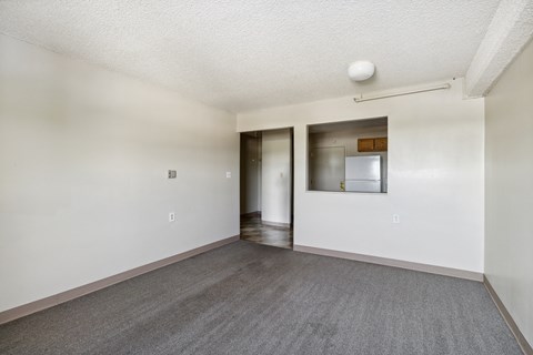 A room with a grey carpet and white walls.
