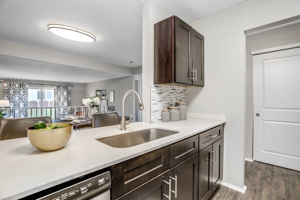 our redesigned kitchen is open to the living room and dining room