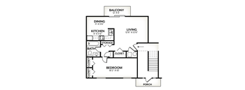 A black and white floor plan of a small house with a balcony, living room, dining room, kitchen, bathroom, bedroom, porch, and closet.