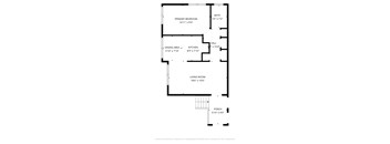 A floor plan of a house with a primary bedroom, dining area, kitchen, living room, and porch.