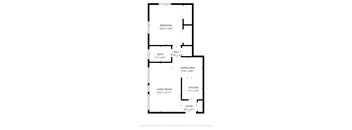 A floor plan for a home with a living room, dining area, kitchen, and two bathrooms.