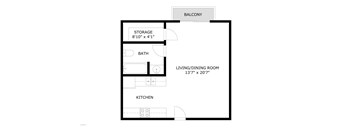 A floor plan of a one bedroom apartment with a balcony.
