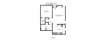 A black and white image of a floor plan for a one bedroom apartment.