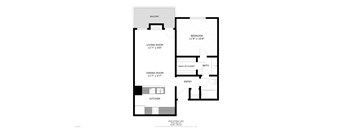 A floor plan of an apartment with a living room, dining room, kitchen, bedroom, and bathroom.