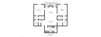 A floor plan of a house with a living room, two bedrooms, a dining room, a kitchen, a hallway, two bathrooms, and a balcony.