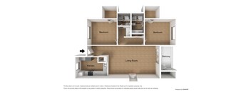 A 3D floor plan of a house with a living room, kitchen, and three bedrooms.