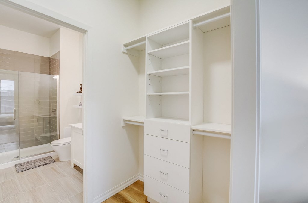 a bedroom with a closet and a bathroom with a shower