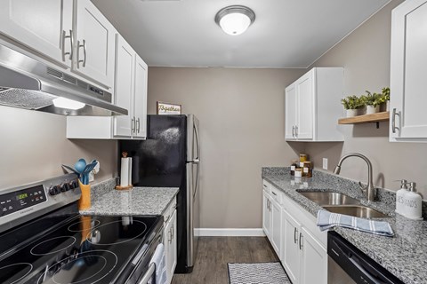 A modern kitchen with a black refrigerator and stove top oven.
