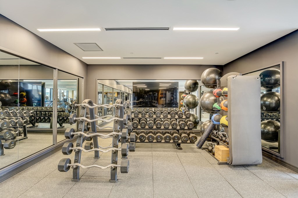 a gym with weights and mirrors in a building