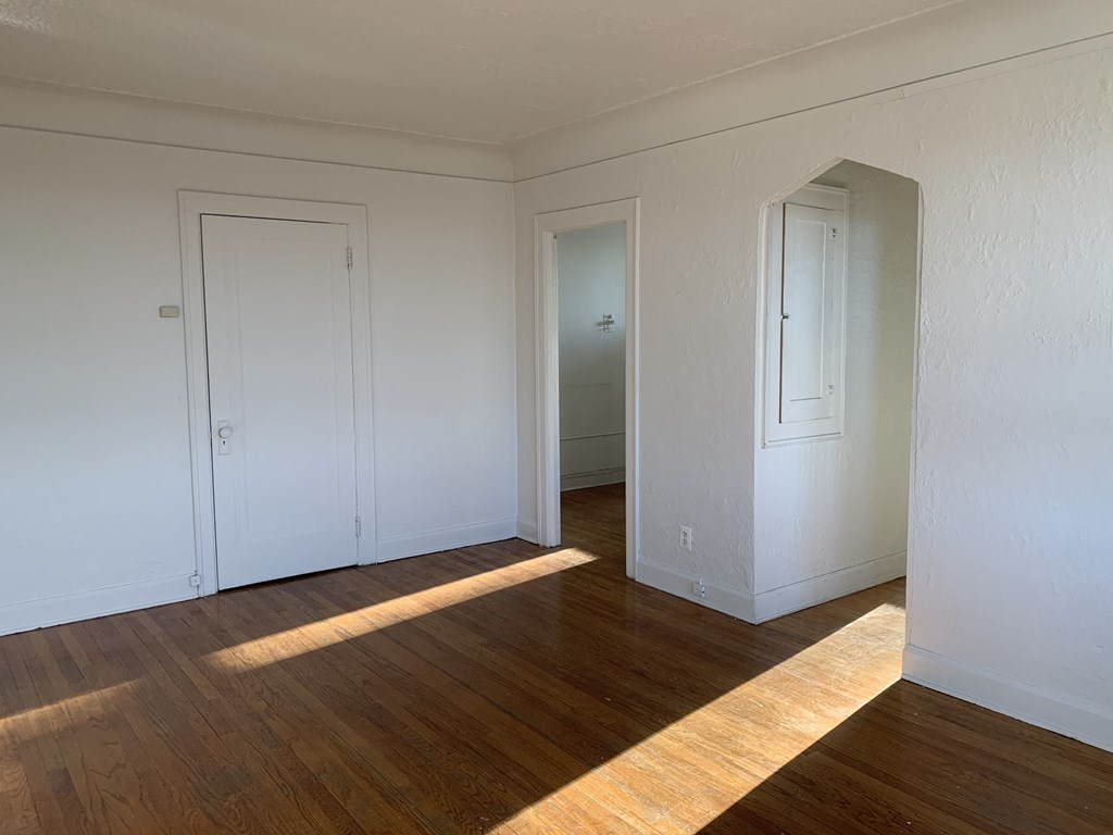 a bedroom with two closets and a wood floor