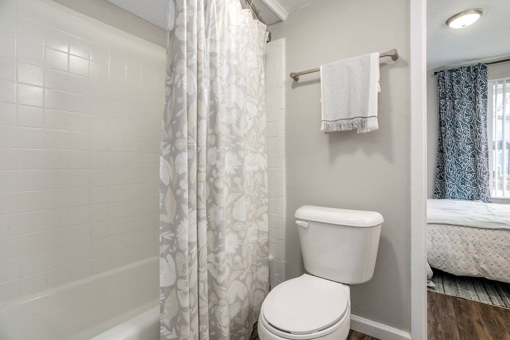 a bathroom with a shower curtain and a toilet