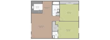 2 Bedroom 1.5 Bath floor plan image 820 sq ft