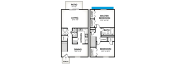A floor plan of a house with a living room, dining room, kitchen, two bedrooms, a bathroom, and a patio.