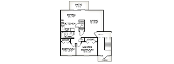 A black and white image of a floor plan for a house with a living room, dining room, kitchen, two bedrooms, and a porch.