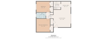 A floor plan of a house with a living room, dining area, kitchen, two bedrooms, a bathroom, and a hall.