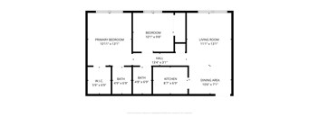A floor plan of a house with a living room, two bedrooms, a bath, a kitchen, a dining area, and a workspace.