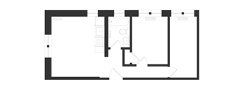 floor plan of a small apartment with white walls and black trim