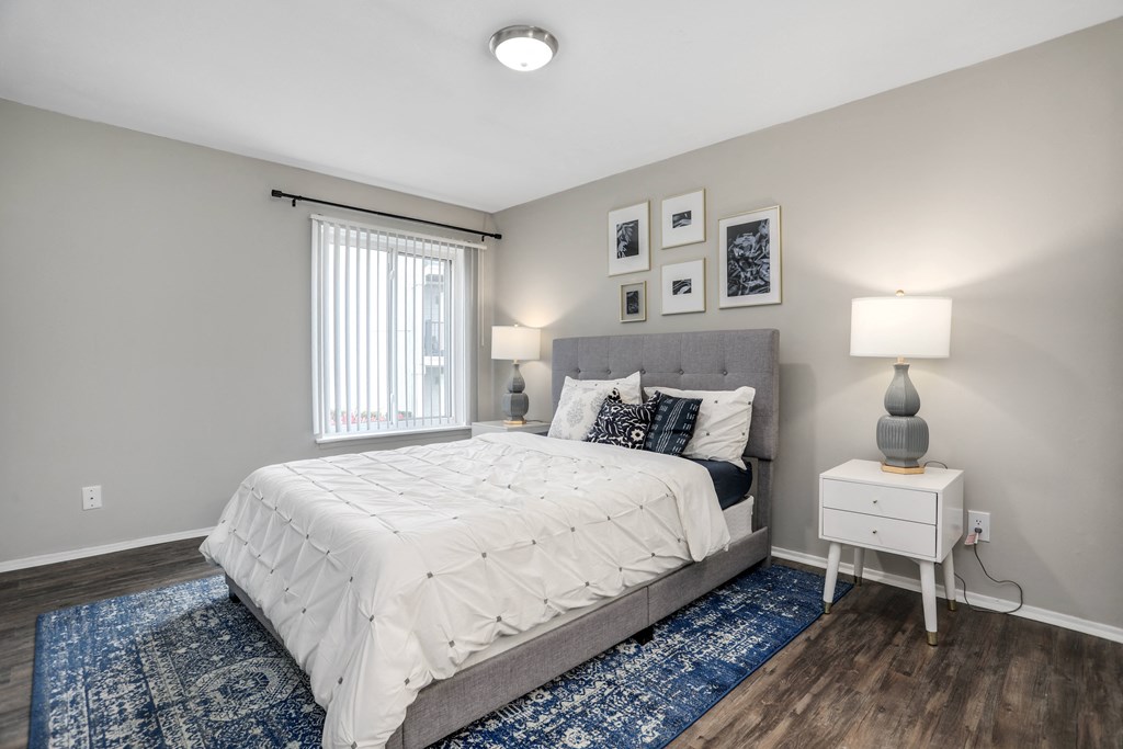 a bedroom with a bed and a window and a blue rug