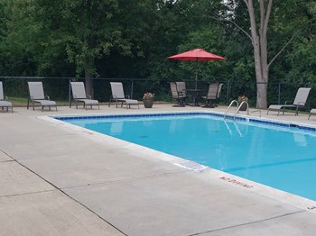 Greyberry Park pool with large sundeck with pool fruniture and woods behind the pool. Rectangle pool with brown lawn chairs and table with red umbrella in corner - Photo Gallery 4