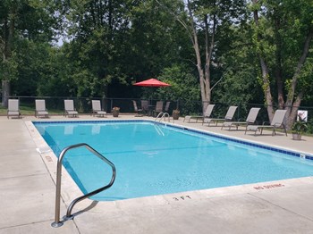 Greyberry Park pool with a large sundeck featruing many lounge chairs. There are woods behind the pool. Rectangle pool with brown lawn chaairs, table with 4 chairs and red umbrella in back corner - Photo Gallery 5