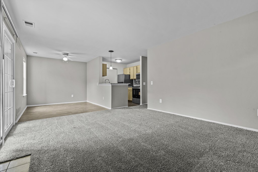 A spacious room with a grey carpet and a kitchen area in the background.